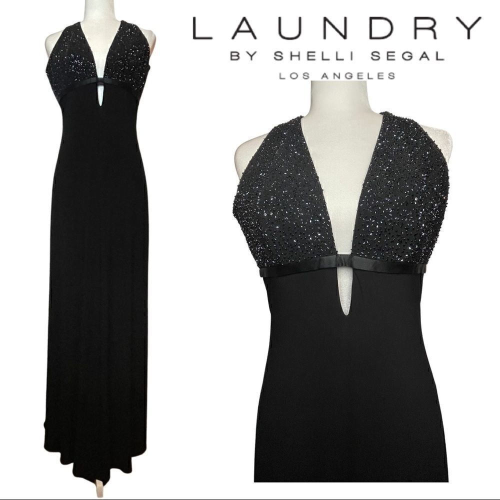 Laundry by Shelli Segal Stunning Beaded Bodice Draping Floor Length Dress Size 4